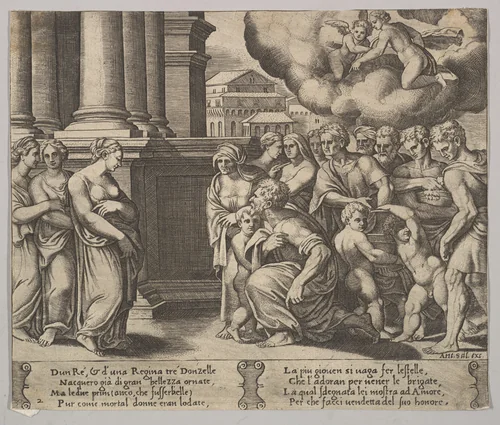 Plate 2: the people rendering divine honors to Psyche, from "The Fable of Psyche" by Master of the Die, print, 1530-1560