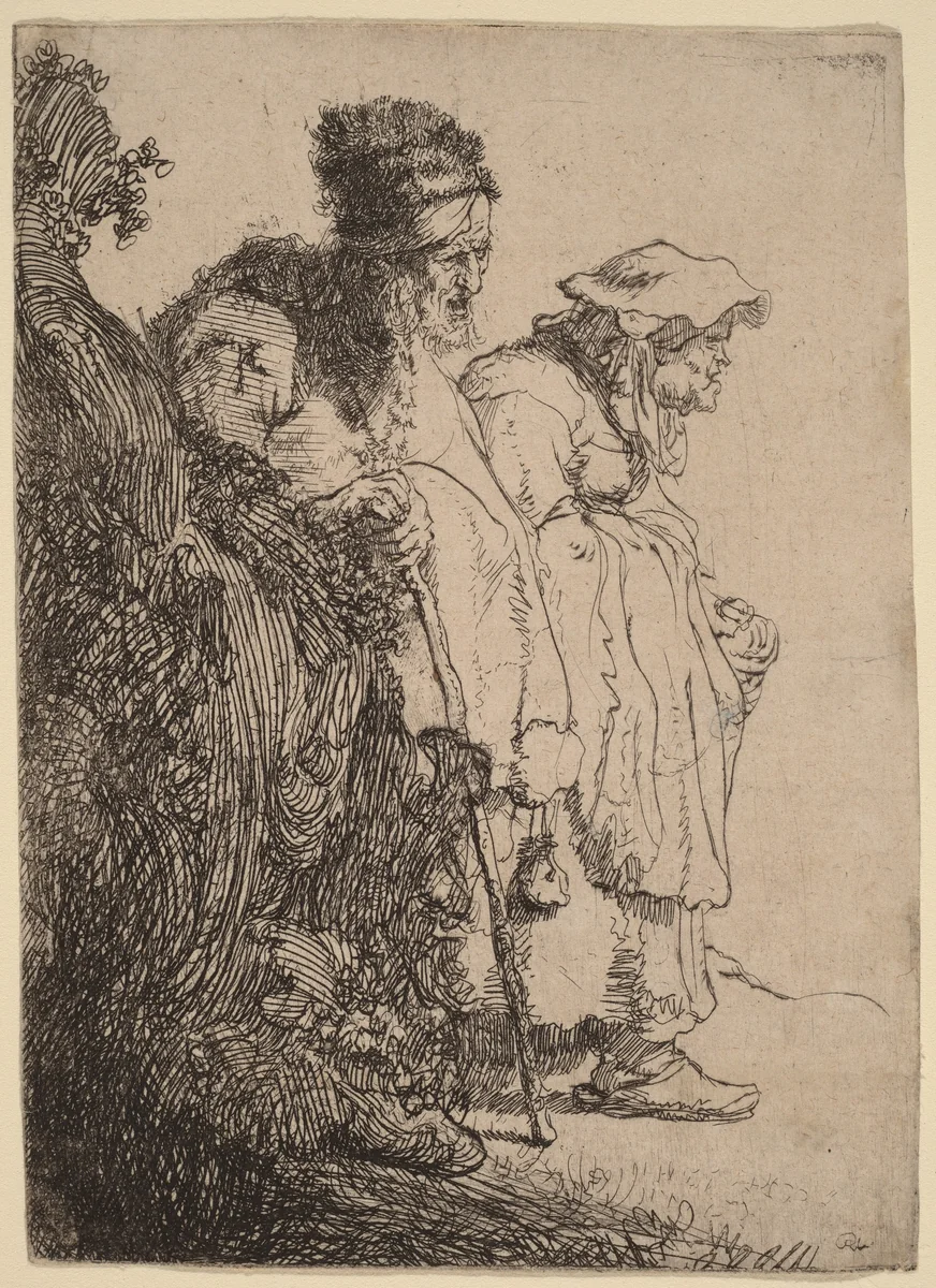 Beggar Man and Woman behind a Bank by Rembrandt van Rijn, print, 1630