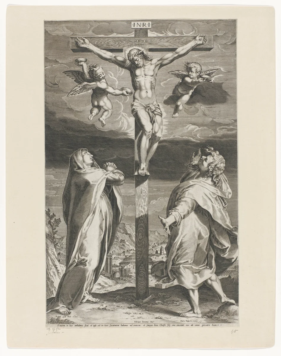 Gekruisigde Christus met Maria en Johannes by Unknown, print, 1588