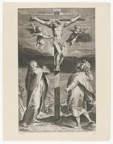 Gekruisigde Christus met Maria en Johannes by Unknown, print, 1588
