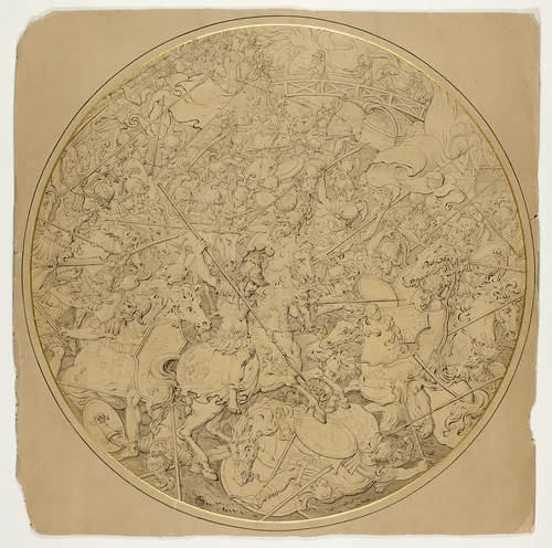 Ceremonial Shield with Stories of Marcus Curtius and Mutius Scaevola by William Burgess, drawing, 1769-1812