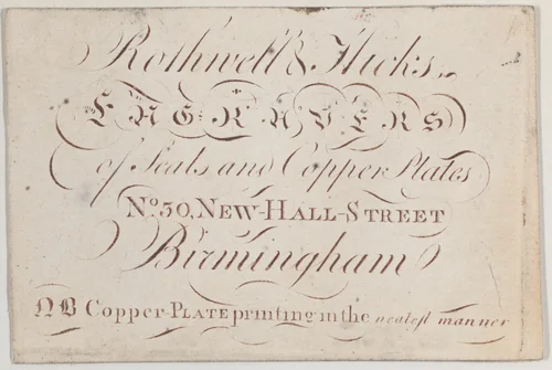 Trade Card for Rothwell & Hicks, engravers by anonymous, print, 1700-1800