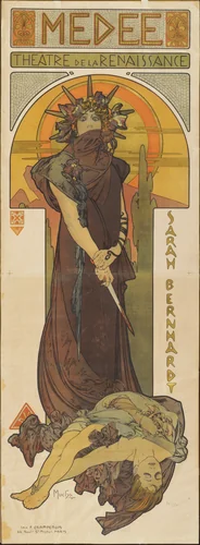 Medée (Medea) (Poster for a performance by Sarah Bernhardt at the Théâtre de la Renaissance, Paris) by Alphonse Mucha, design, 1898