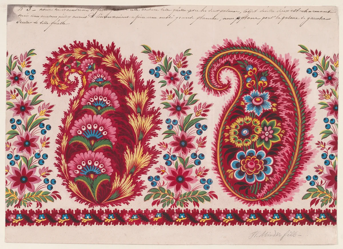 Textile Design with Paisley Motifs and Garlands of Berry Sprays and Stylized Flowers by H. Minder, fils, drawing, 1825-1875