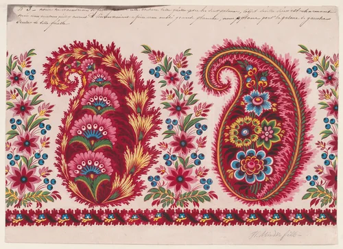 Textile Design with Paisley Motifs and Garlands of Berry Sprays and Stylized Flowers by H. Minder, fils, drawing, 1825-1875