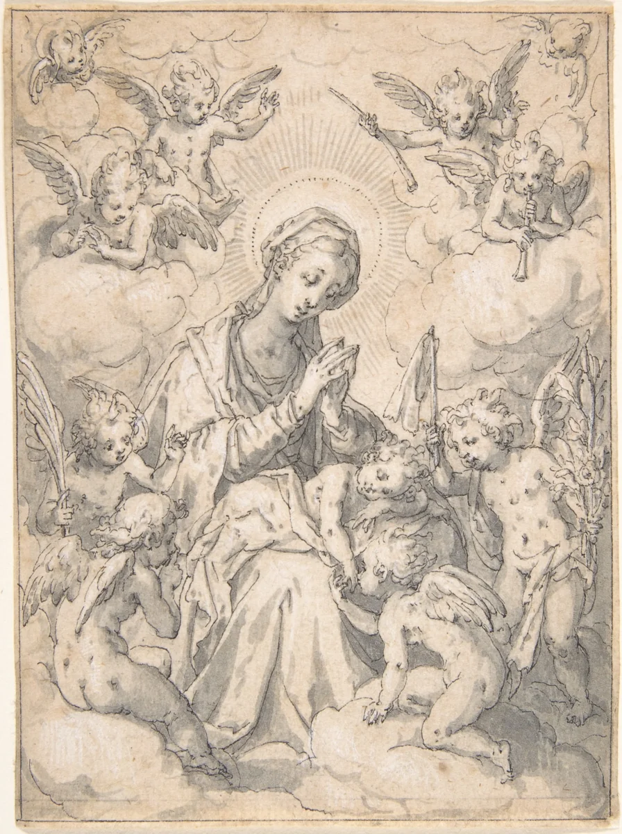 The Virgin and Child Surrounded by Little Angels in the Clouds by Friedrich Sustris, drawing, 1585-1595