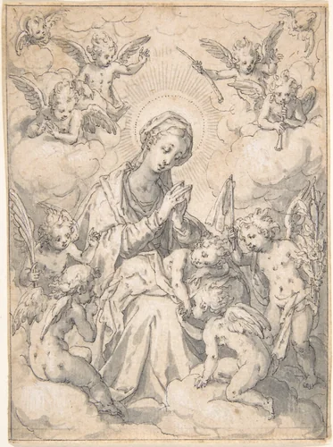 The Virgin and Child Surrounded by Little Angels in the Clouds by Friedrich Sustris, drawing, 1585-1595
