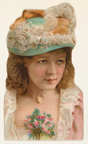 Actress wearing floral bouquet at neckline, from Stars of the Stage, Fourth Series (N132) issued by Duke Sons & Co. to promote Honest Long Cut Tobacco by W. Duke, Sons & Co., print, 1892-1893