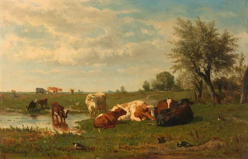 Cows in the Meadow by Gerard Bilders, painting, 1860-1865