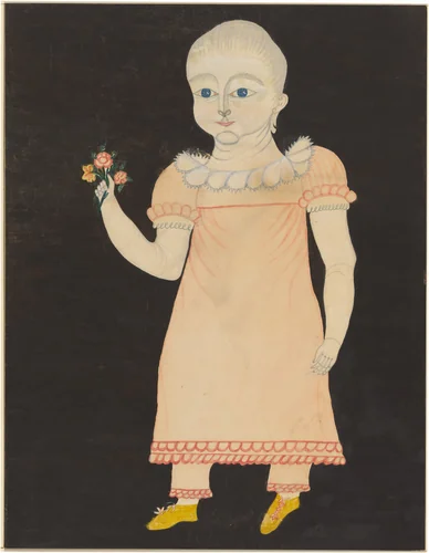 Baby in Pink Dress with Roses by American 19th Century, drawing, 1820