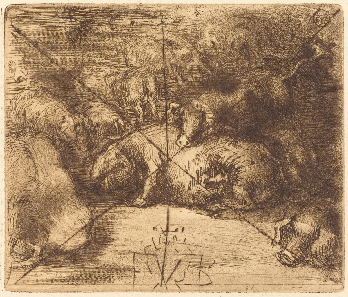 Cochons au Soleil (Pigs in the Sun) by Félix-Hilaire Buhot, print, 1873-1883