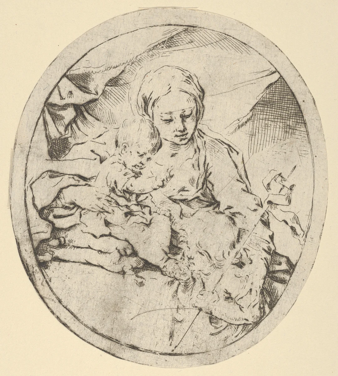 The Virgin with the infant Christ seated on a cushion and the young Saint John the Baptist at his feet, an oval composition by Guido Reni, print, 1595-1645