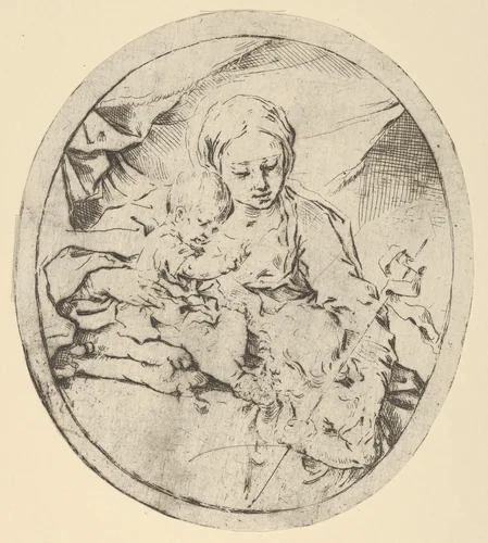 The Virgin with the infant Christ seated on a cushion and the young Saint John the Baptist at his feet, an oval composition by Guido Reni, print, 1595-1645