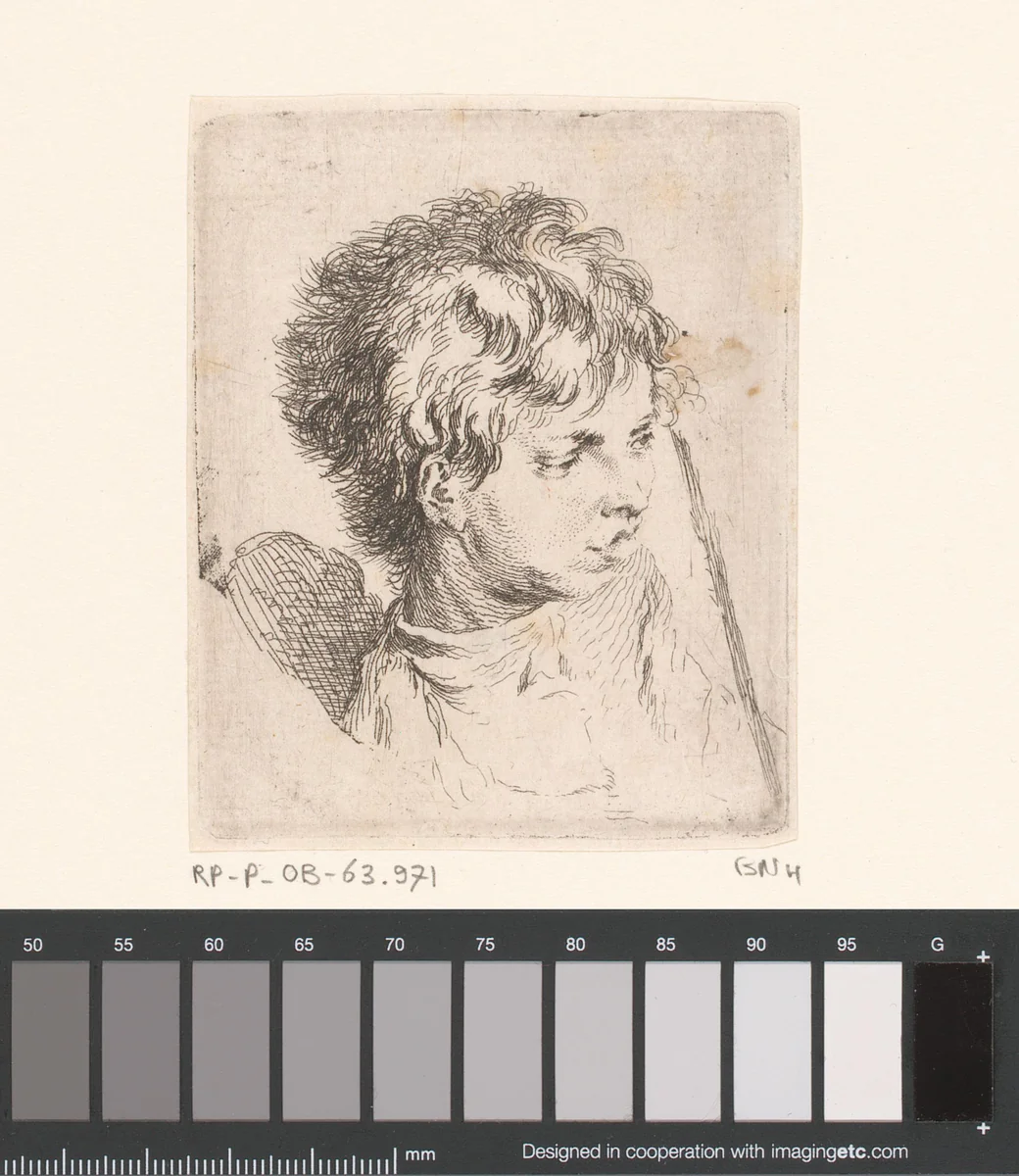 Hoofd van een jongen met stok by Jacques-Philippe Le Bas, print, 1736