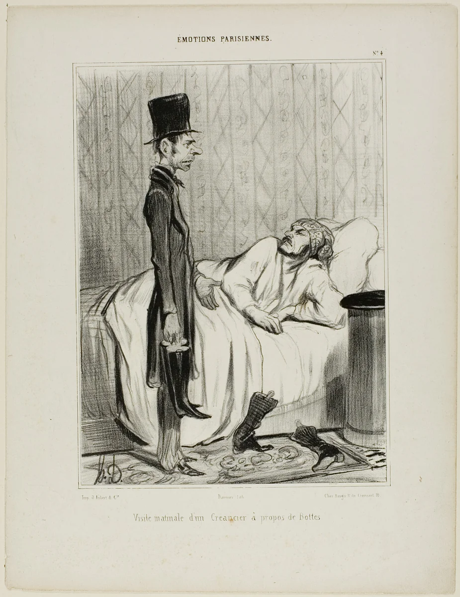 Early morning visit of a creditor concerning the boots, plate 4 from Émotions Parisiennes by Honoré-Victorin Daumier, print, 1839