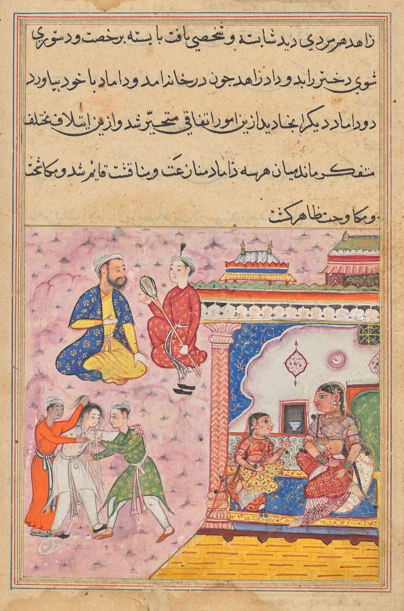 Three suitors fight amongst themselves for the hand of the devotee’s daughter, from a Tuti-nama (Tales of a Parrot): Twentieth Night by Unknown, painting, 1555-1565