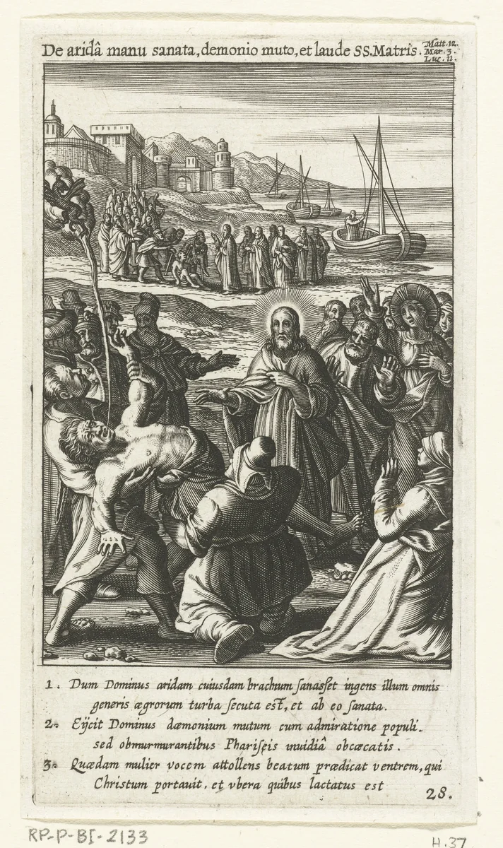 Christus geneest een bezeten man voor het oog van de Farizeeën en schriftgeleerden by Boëtius Adamsz. Bolswert, print, 1590-1622