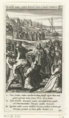 Christus geneest een bezeten man voor het oog van de Farizeeën en schriftgeleerden by Boëtius Adamsz. Bolswert, print, 1590-1622