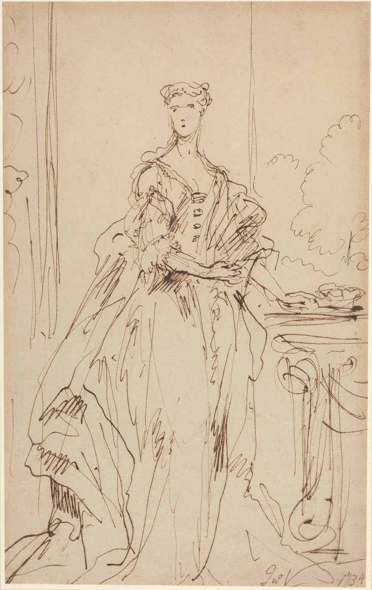 Portrait of a Standing Lady by John Vanderbank, drawing, 1734