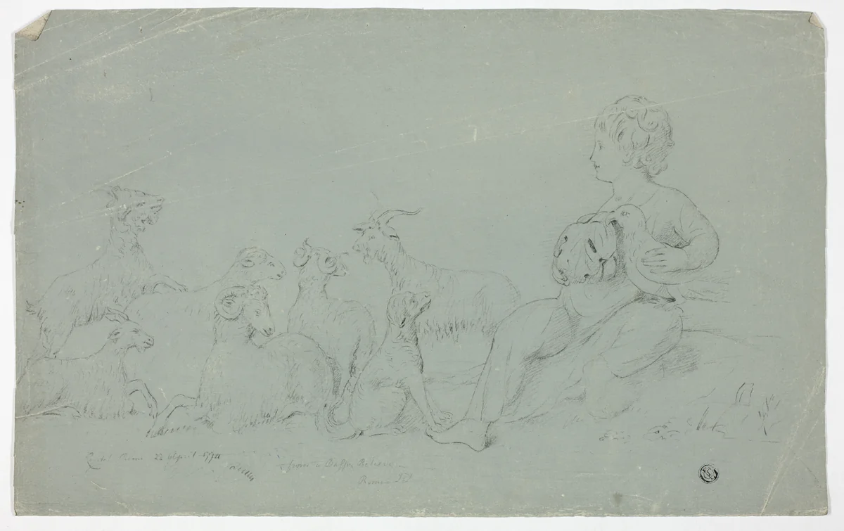 Antique Bas-Relief with Seated Boy Holding Falcon and Accompanied by Dog, Sheep, and Goats by John Downman, drawing, 1774-1824