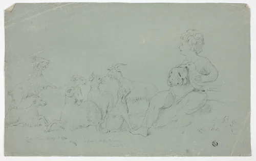 Antique Bas-Relief with Seated Boy Holding Falcon and Accompanied by Dog, Sheep, and Goats by John Downman, drawing, 1774-1824