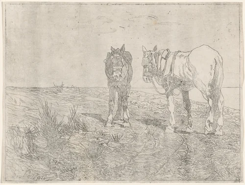 a) Horses at Rest (recto); b) Horses at Rest (verso) (Sosta di cavalli) by Giovanni Fattori, print, 1850-1900