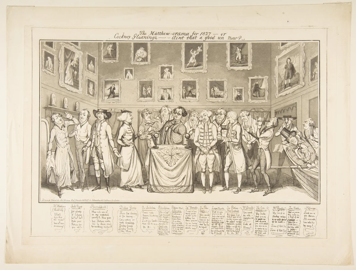 The Matthew-orama for 1827–or Cockney Gleanings,–Aint that a good un now? by Thomas Howell Jones, print, 1827