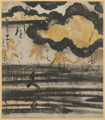 Poem-card from the Shinkokin wakashu (New Collection of Japanese Poems from Ancient and Modern Times) with Design of Pine on a Beach by Hon'ami Kōetsu (本阿弥光悦), painting, 1606