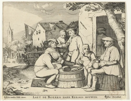 Zes boeren zittend rond een ton bij een herberg by anonymous, print, 1613-1680