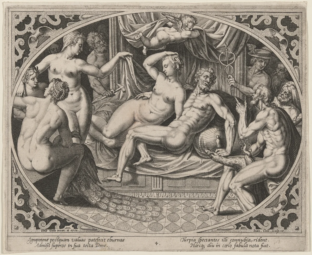 Mars and Venus Caught by the Gods by Hans Collaert the Younger, print, 1580-1628