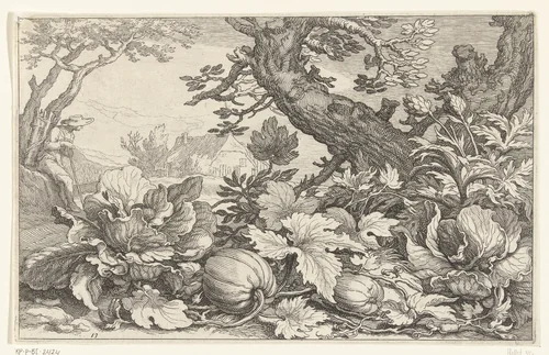 Landschap met pompoenen en kolen by Boëtius Adamsz. Bolswert, print, 1614