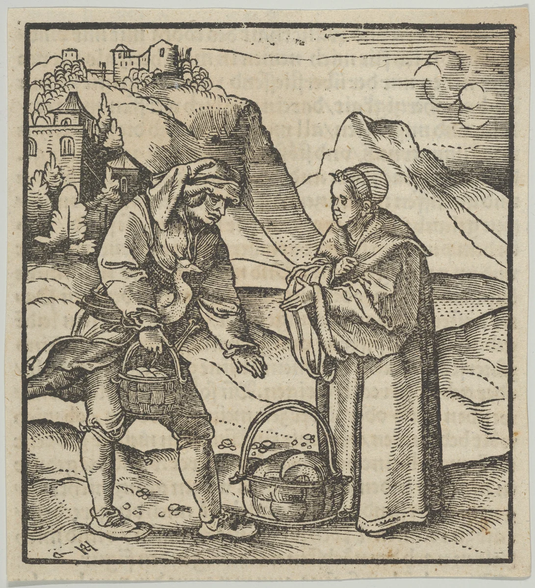 A Farmer and his Patron, from Hymmelwagen auff dem, wer wol lebt... by Hans Schäufelein, print, 1517