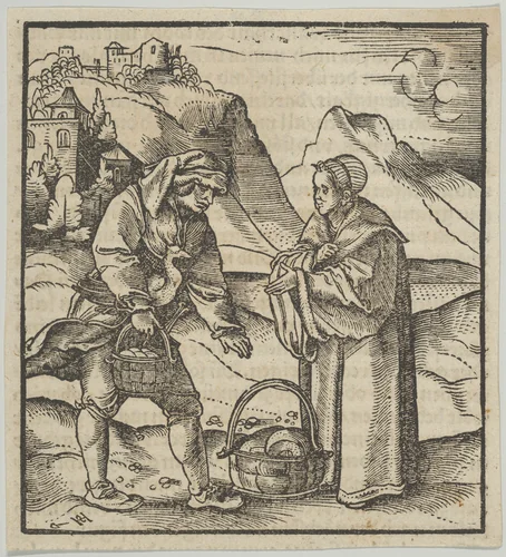 A Farmer and his Patron, from Hymmelwagen auff dem, wer wol lebt... by Hans Schäufelein, print, 1517