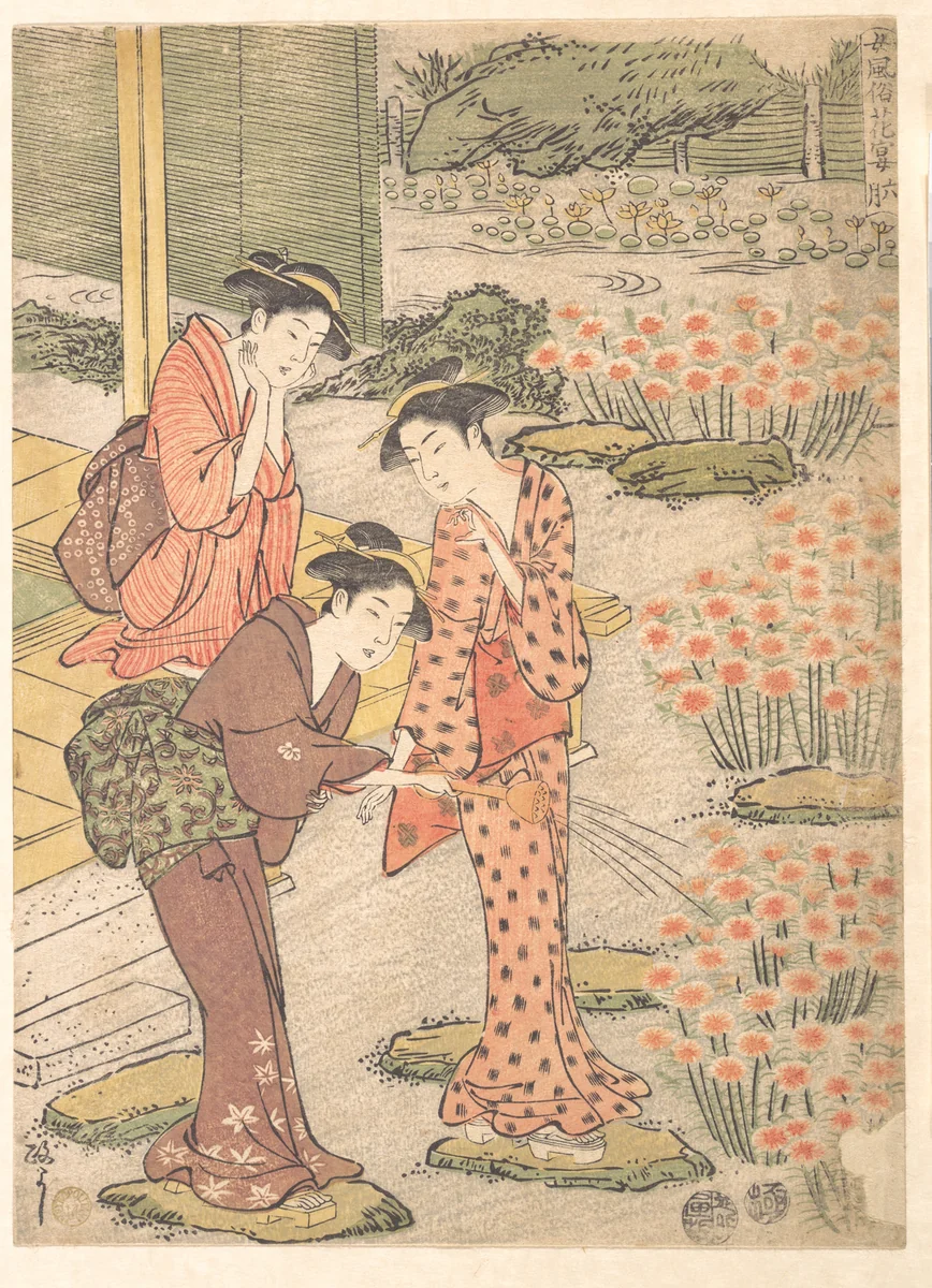 Three Young Women in a Garden where Nadeshiko Pinks are Growing by Kuwagata Keisai (鍬形蕙斎), print, 1780-1800