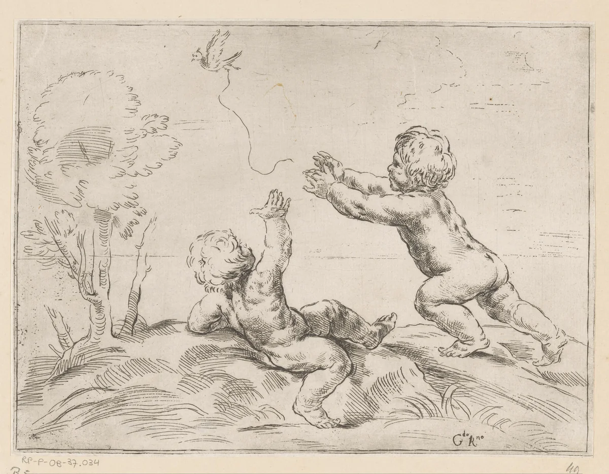 Twee kinderen met een vogel spelend by Girolamo Rossi, print, 1632-1664
