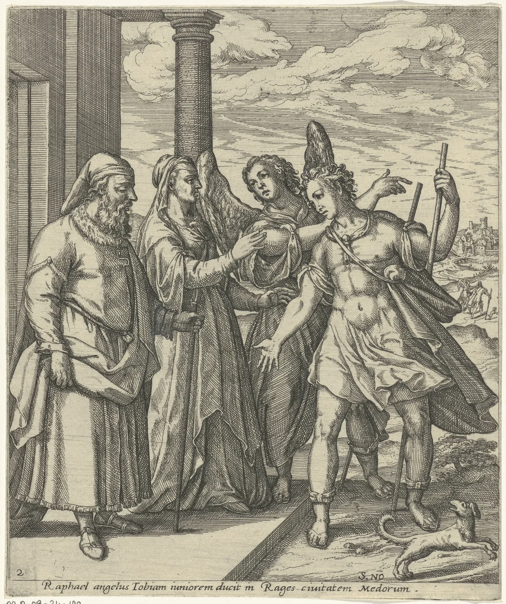Tobias en de engel nemen afscheid van Tobit en Anna by Unknown, print, 1560-1590