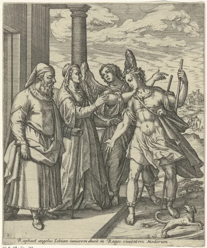 Tobias en de engel nemen afscheid van Tobit en Anna by Unknown, print, 1560-1590