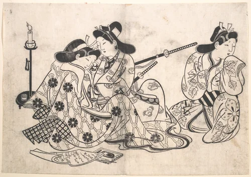 Samurai and Courtesan Seated; A Servant Beside Them by Sugimura Jihei Masataka, print, 1675-1695