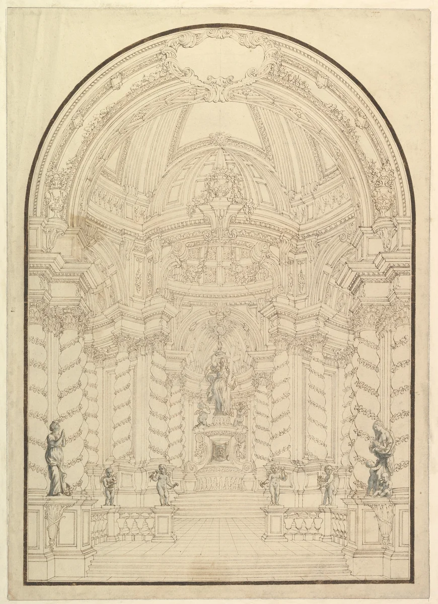 A Chapel with Figures of Statues en Grisaille of Faith, Hope and Charity and four Putti with Symbols of the Passion by Giuseppe Galli Bibiena, drawing, 1696-1756