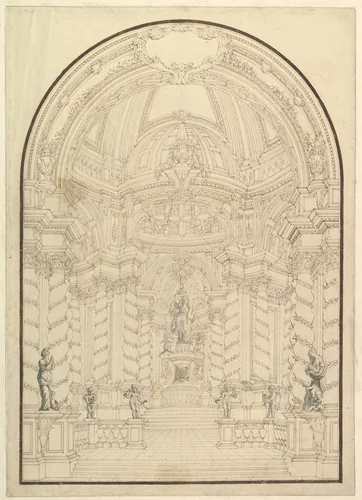 A Chapel with Figures of Statues en Grisaille of Faith, Hope and Charity and four Putti with Symbols of the Passion by Giuseppe Galli Bibiena, drawing, 1696-1756