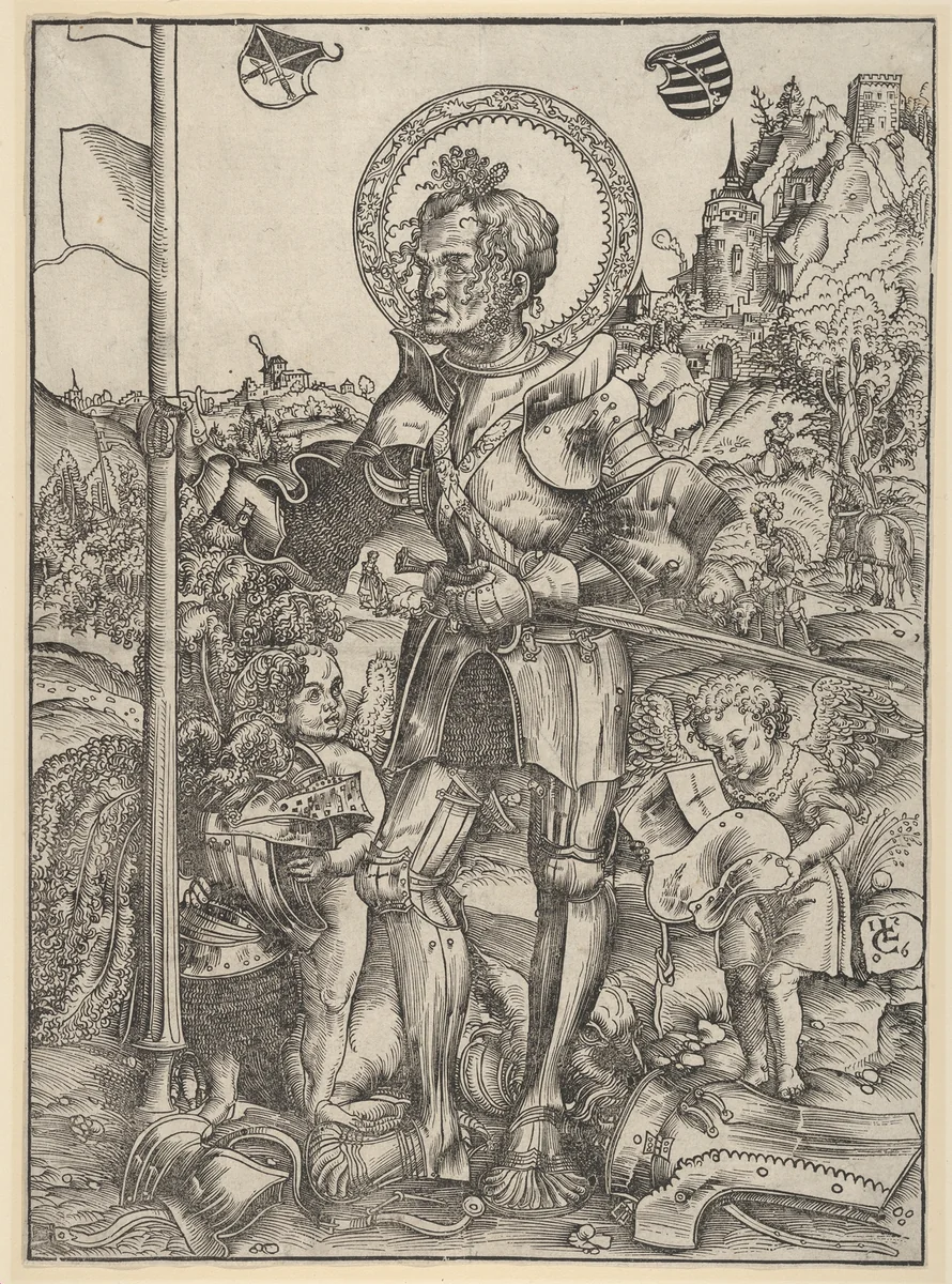 Saint George Standing with Two Angels by Lucas Cranach, print, 1506