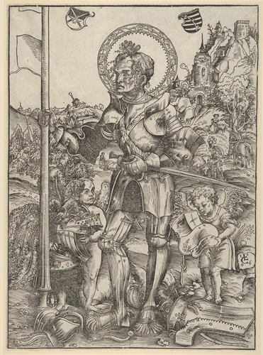 Saint George Standing with Two Angels by Lucas Cranach, print, 1506