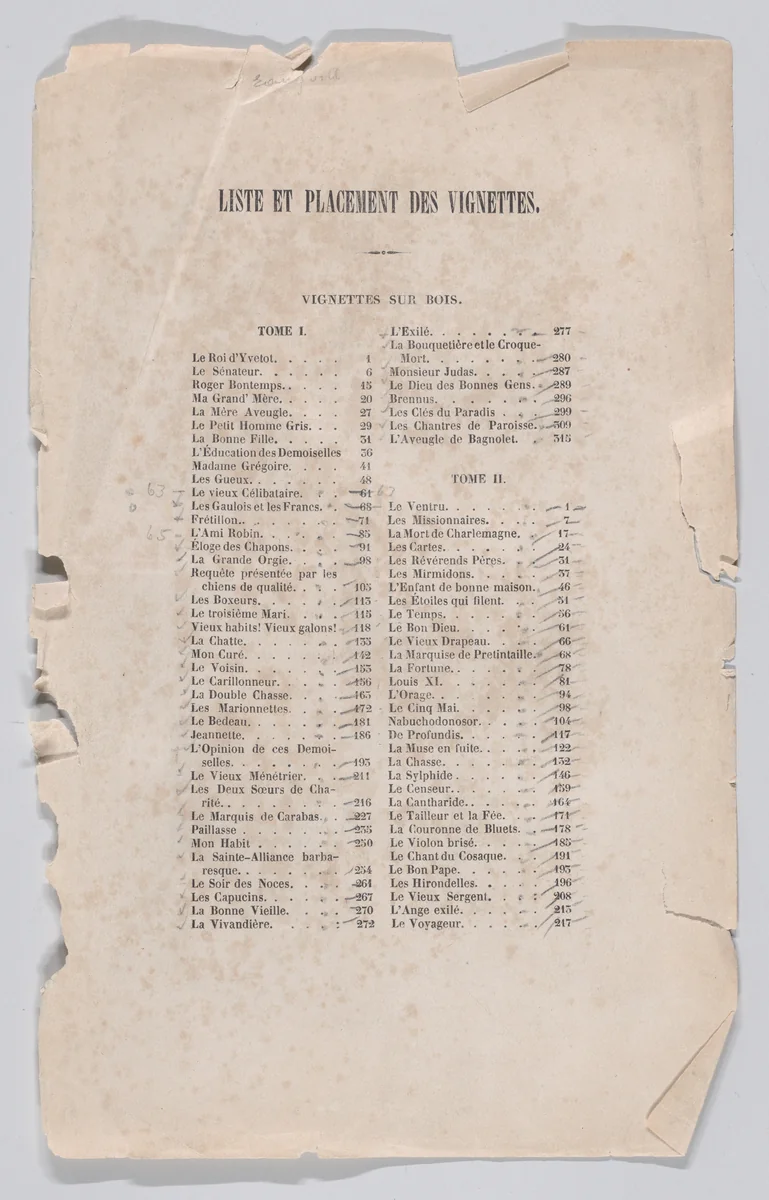 List and Placement of Vignettes, for "The Complete Works of Béranger" by Pierre Jean de Béranger, print, 1836