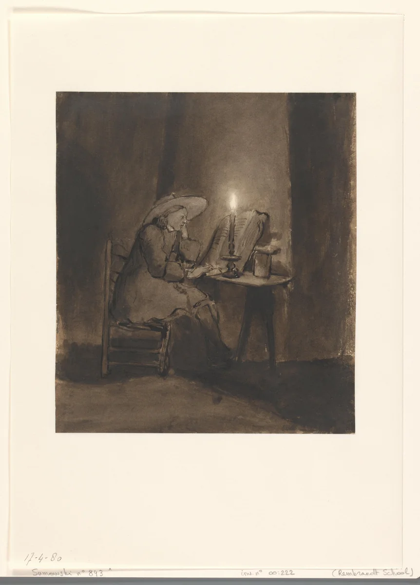 Lezende jongen bij kaarslicht by Barent Fabritius, drawing, 1650-1655