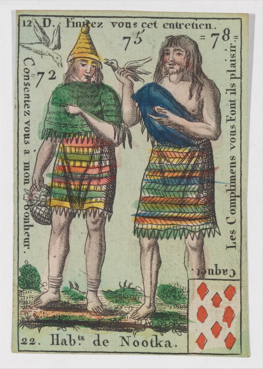 Hab.t de Nootka, from the playing cards (for quartets) "Costumes des Peuples Étrangers" by anonymous, print, 1700-1799