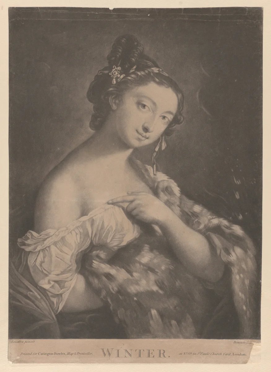Winter: a woman holding a spotted fur mantle by Richard Houston, print, 1775