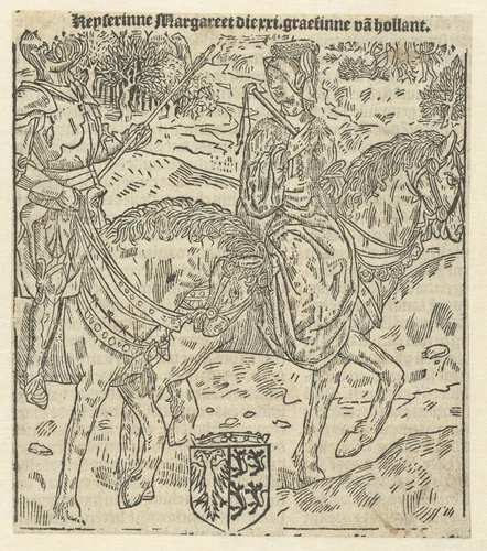Margaretha van Henegouwen te paard by anonymous, print, 1517