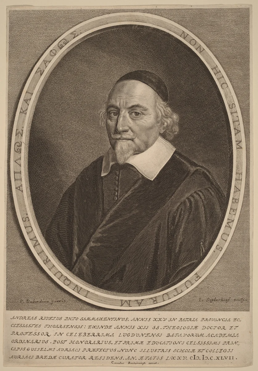Andreas Rivetus by Jonas Suyderhoff; Pieter Dubordieu; Cornelis Banheijning, print, 1647