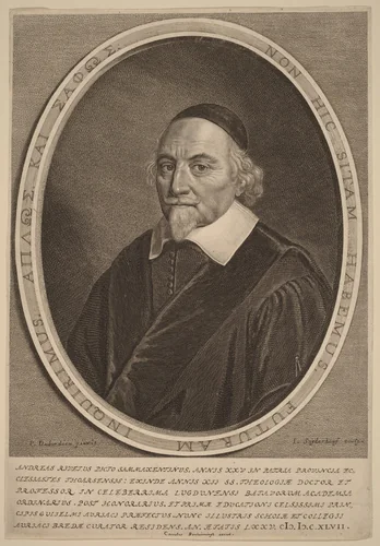 Andreas Rivetus by Jonas Suyderhoff; Pieter Dubordieu; Cornelis Banheijning, print, 1647