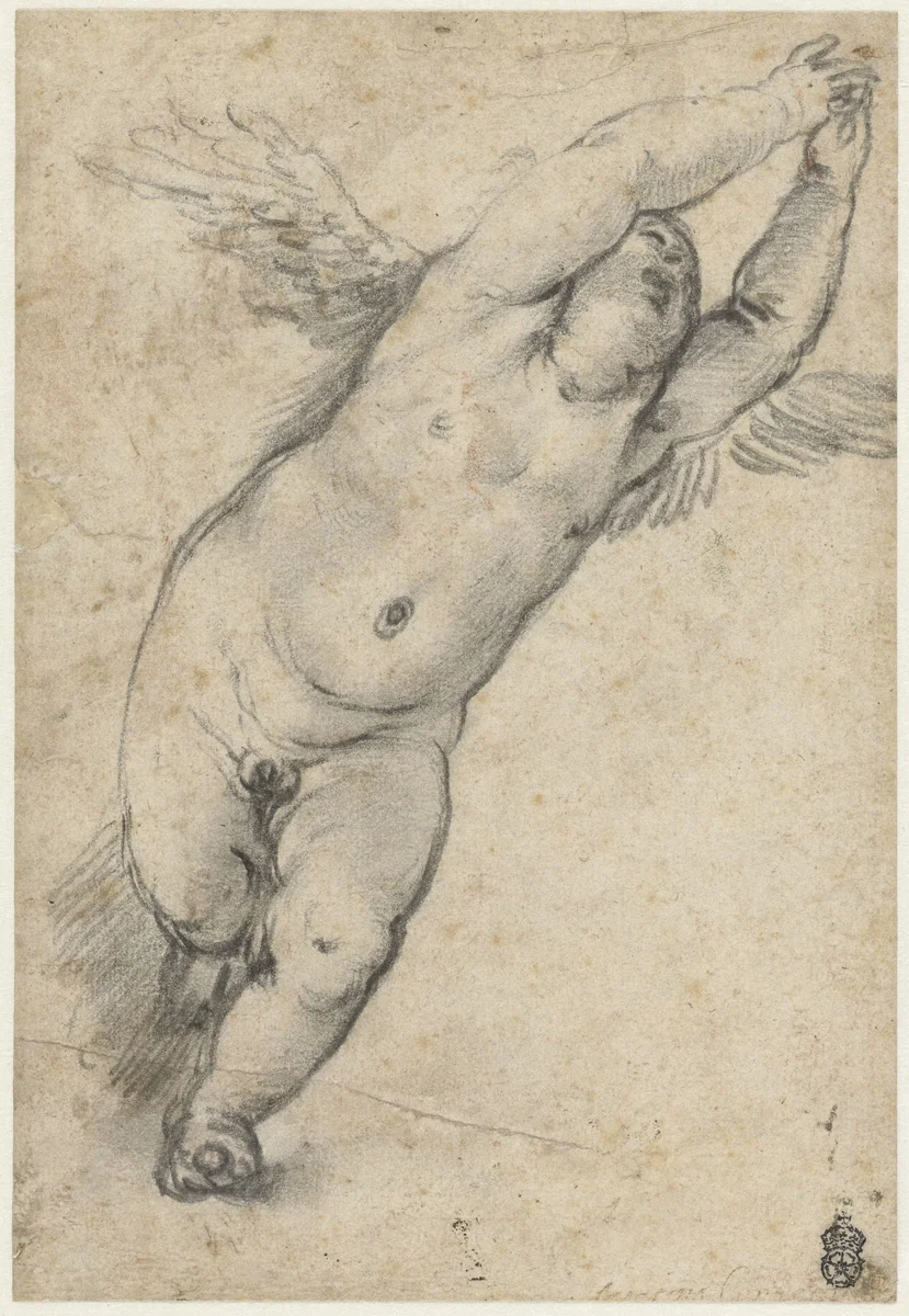 Vliegende putto met opgeheven armpjes by Unknown, drawing, 1582-1602